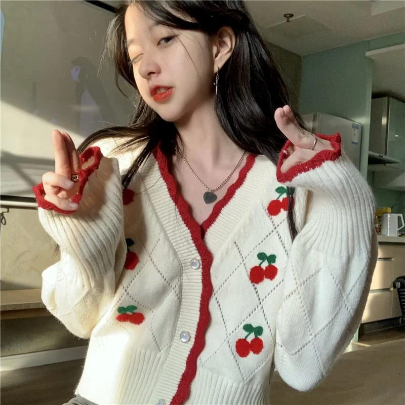 Women's Cute Cherry Knitted Cardigan