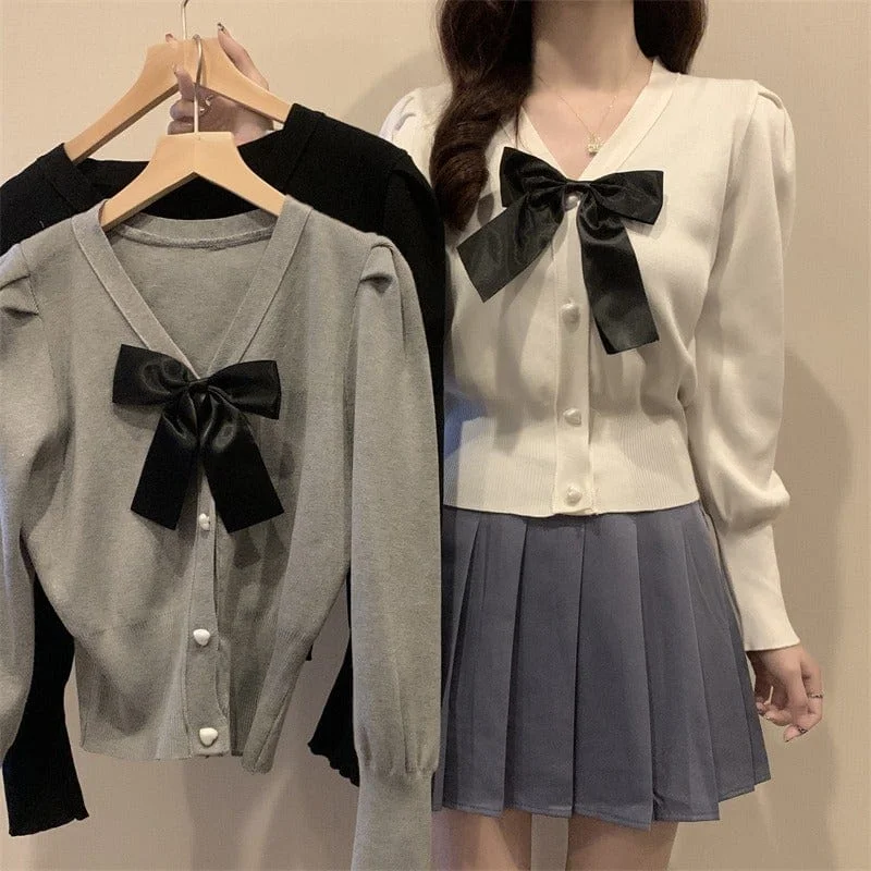 Women's Cute Puff Sleeved Bowknot Cardigan