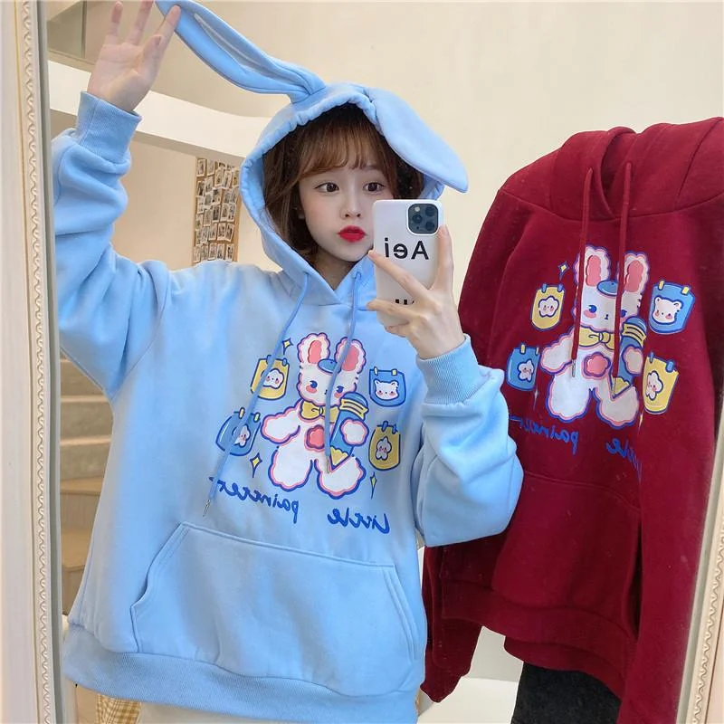 Women's Kawaii Bunny Bear Cloudy Hoodies With Rabbit Ear Hood