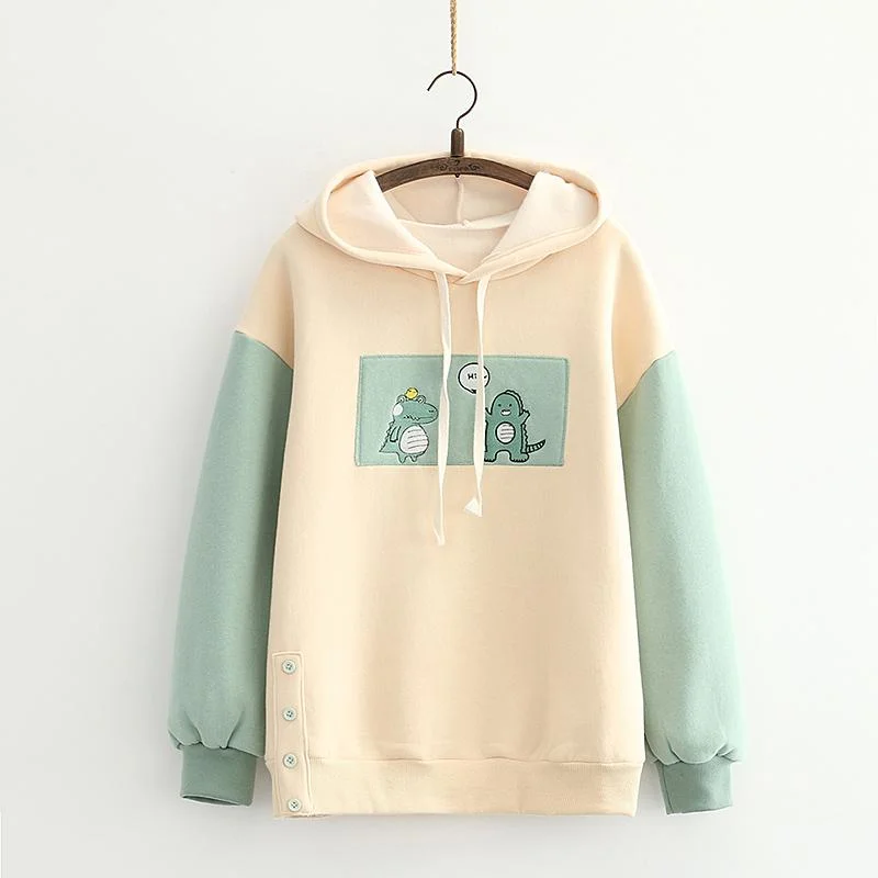 Women's Kawaii Little Dinosaur Crocodile  Contrast Color Hoodies