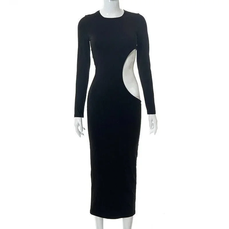 Women's Solid Color Long Sleeve O Neck Hollow  Black  Dress