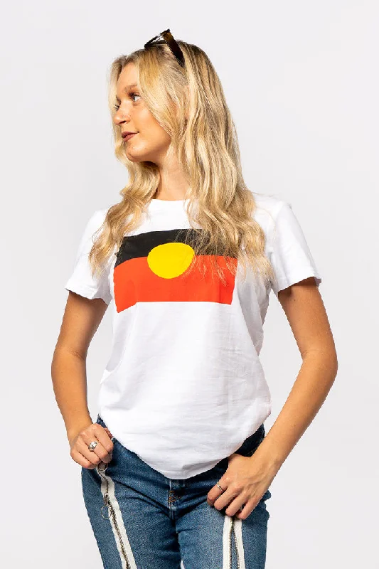 ""Raise the Flag"" Aboriginal Flag (Large) White Cotton Crew Neck Womens T-Shirt