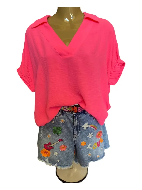 Collared Popover Top In Neon Pink