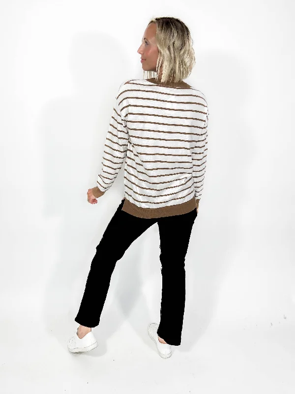 Forever Striped Crewneck Sweater- WHITE/TAUPE