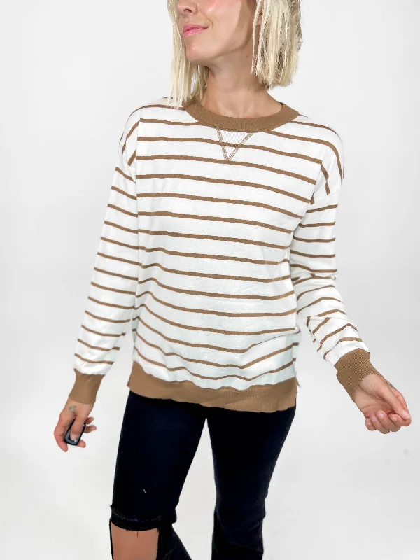 Forever Striped Crewneck Sweater- WHITE/TAUPE