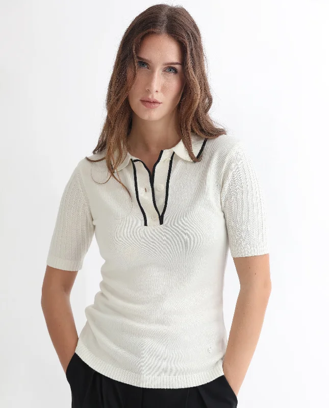 Rareism Women'S Knitup Off White  Half Sleeves Regular Fit Solid Shirt Collar Sweater