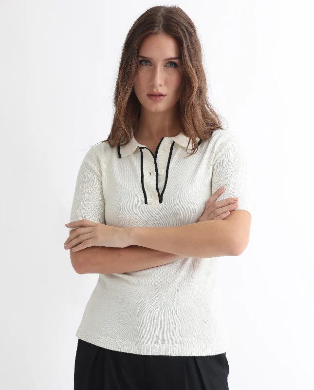 Rareism Women'S Knitup Off White  Half Sleeves Regular Fit Solid Shirt Collar Sweater