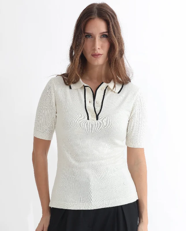 Rareism Women'S Knitup Off White  Half Sleeves Regular Fit Solid Shirt Collar Sweater