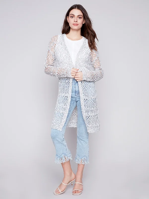 Long Knit Crochet Cardigan - Denim