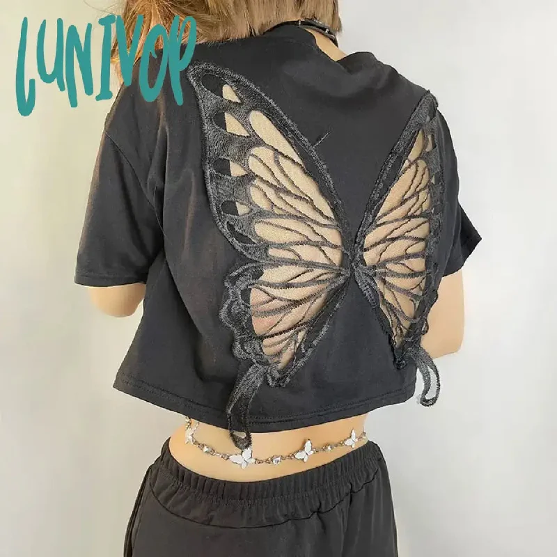 Lunivop Harajuku Lace Butterfly Crop Tshirts Women Vintage Streetwear Sexy Black Mesh Tops Aesthetic Hollow Grunge Tees Summer