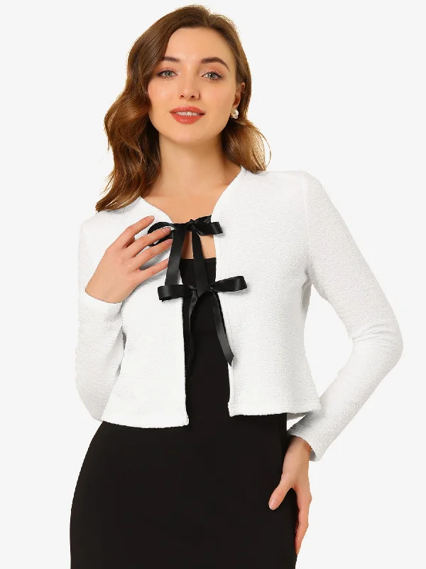 Elegant Crop Cardigan Contrast Bow Tie Long Sleeve Frilled Shrugs