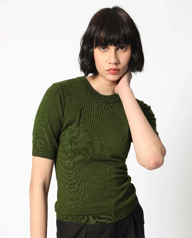 Rareism Women'S Rohrdo Olive Viscose Fabric Half Sleeves Regular Fit Solid Round Neck Sweater