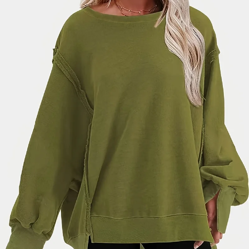 Sixsr Plus Size Casual Sweatshirt, Women's Plus Solid Long Sleeve Round Neck Fleece Split Loose Fit Pullover Top