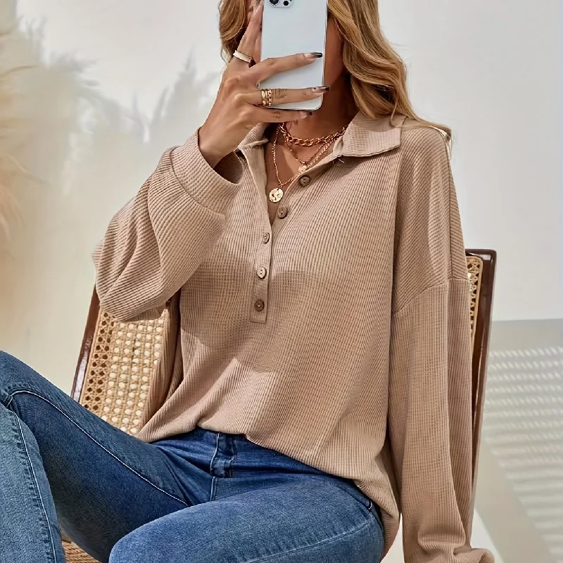 Sixsr Solid Button Front Collared T-Shirt, Casual Long Sleeve Top For Spring & Fall, Women's Clothing