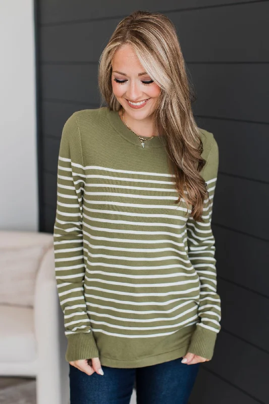 Voice My Love Striped Lightweight Sweater- Light Olive