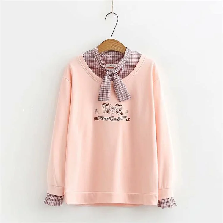 Women's Kawaii Children Embroidered Sweaters Splicing Bowknot Plaid Shirts