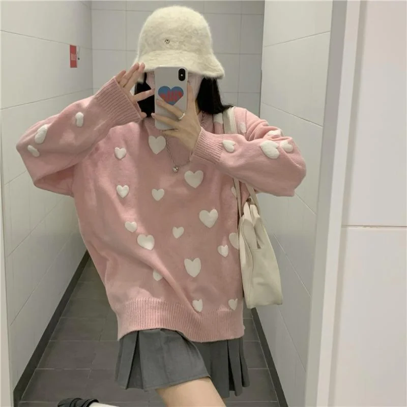 Women's Kawaii Heart Knitted Loose Sweater