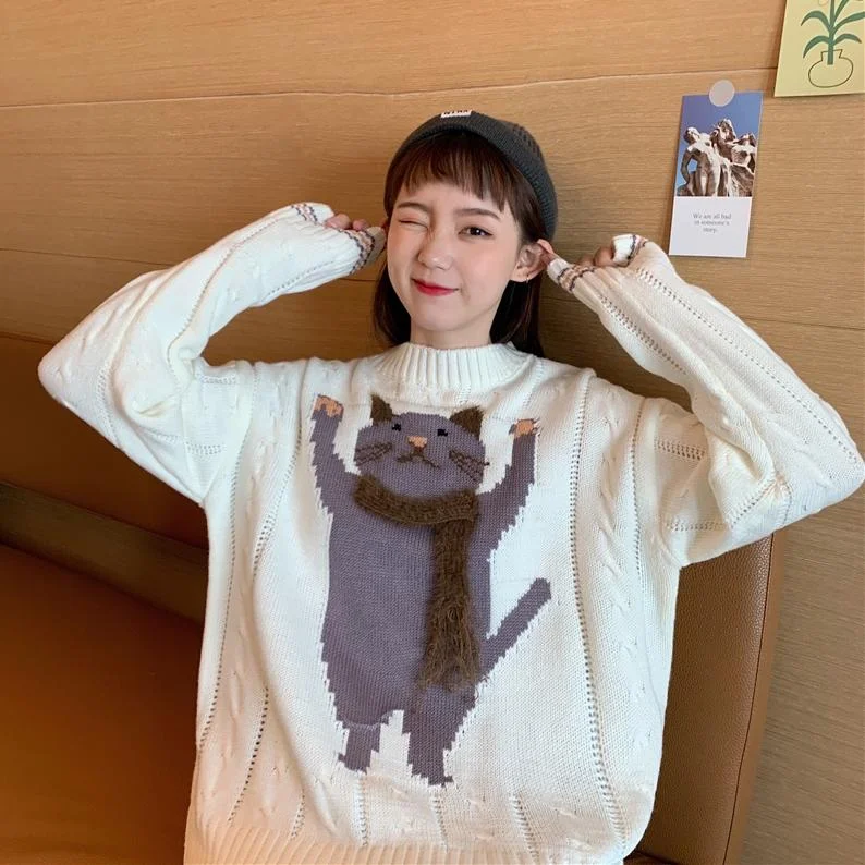 Women's Sweet Big Cat Loose Knitted Sweaters